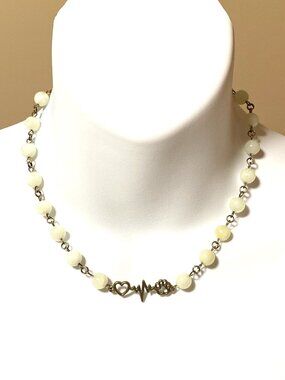 Pale Green Serpentine Short Necklace, Gemstone & Bronze Paw Print Heart Beat